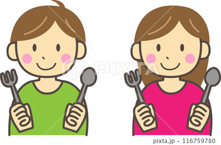 男の子と女の子がスプーンとフォークを持っているイラスト 116759780