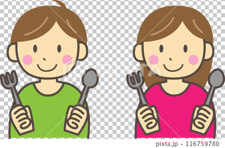 男の子と女の子がスプーンとフォークを持っているイラスト 116759780