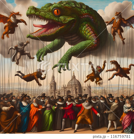 Townspeople looking scared and pointing at giant reptile monster controlling puppets with string over city Townspeople looking scared and pointing at giant reptile monster controlling puppets with string over city 116759781