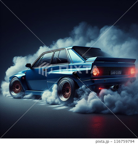 Highperformance car executing a powerful drift, creating a dramatic cloud of smoke under studio lighting 116759794