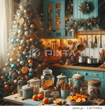 Rustic kitchen with turquoise furniture decorated for christmas with a lot of lights, ornaments, garlands and delicious winter treats 116759902