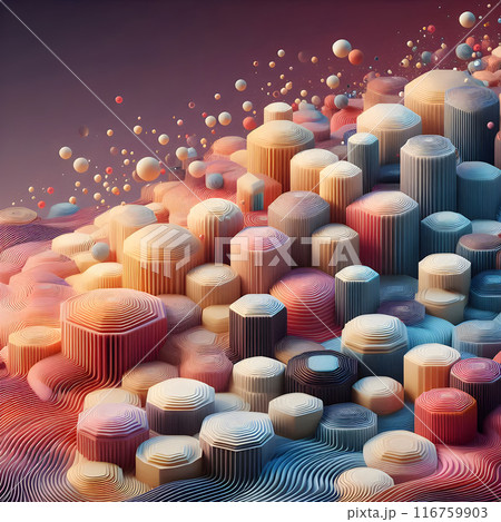 3d abstract landscape with hexagon shapes creating a wavy terrain and floating spheres colorful illustration 116759903