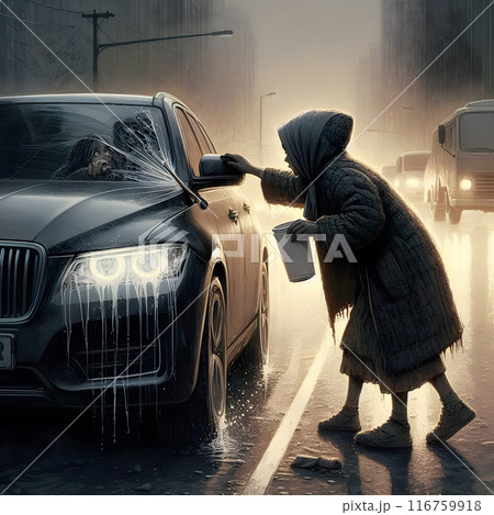 Woman in poverty cleans a car windshield in the rain, symbolizing economic disparity 116759918