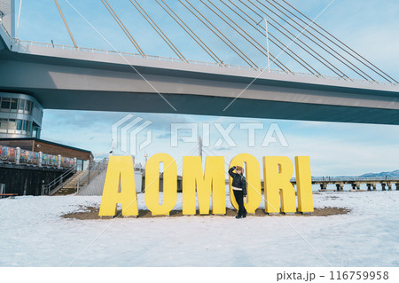 Woman tourist sightseeing Aomori Bay Bridge area, Traveler travel in Aomori city, Aomori Prefecture, Japan. Landmark for tourist attraction, travel and vacation Woman tourist sightseeing Aomori Bay Bridge area, Traveler travel in Aomori city, Aomori Prefecture, Japan. Landmark for tourist attraction, travel and vacation 116759958