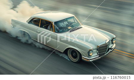 Classic white coupe with motion blur effect, showcasing dynamic speed and elegance Classic white coupe with motion blur effect, showcasing dynamic speed and elegance 116760015