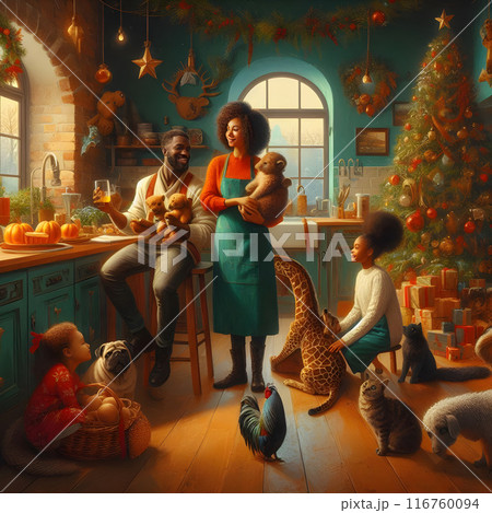 Family enjoying a cozy christmas morning in their kitchen, surrounded by their beloved pets 116760094