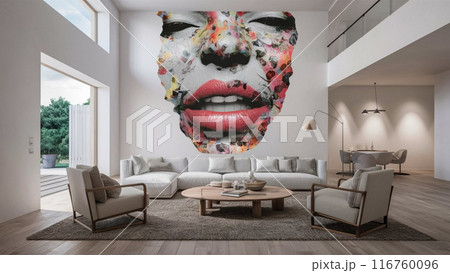 Modern living room interior wall art , windows overlooking breathtaking twilight milky way night sky 116760096