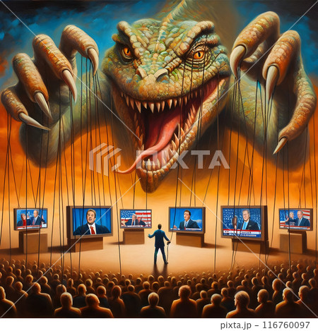 Political manipulation, giant reptile pulling the strings on political screens 116760097