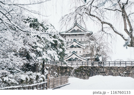 White Hirosaki Castle or Takaoka Castle with snow in winter, hirayama style Japanese castle located in Hirosaki city, Aomori Prefecture, Tohoku, Japan. Landmark for tourist attraction. Japan travel White Hirosaki Castle or Takaoka Castle with snow in winter, hirayama style Japanese castle located in Hirosaki city, Aomori Prefecture, Tohoku, Japan. Landmark for tourist attraction. Japan travel 116760133