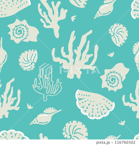 Marine seamless pattern. Underwater world. Shells and corals vector background. Marine seamless pattern. Underwater world. Shells and corals vector background. 116760302