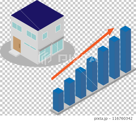 Illustration of an isometric detached house and an upward trend bar graph 116760342