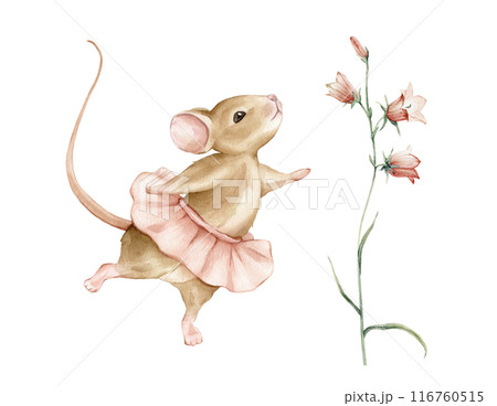 Hand drawn watercolor illustration mouse ballerina in a pink tutu and pink spreading bellflower flowers. Beige brown cute animals dancing ballet pose. Young ballerina kid illustration isolated. 116760515