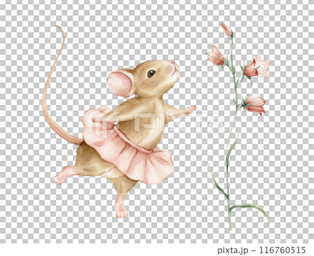 Hand drawn watercolor illustration mouse ballerina in a pink tutu and pink spreading bellflower flowers. Beige brown cute animals dancing ballet pose. Young ballerina kid illustration isolated. 116760515