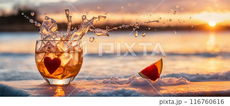 Vibrant fruit cocktail splash and fruit flying pieces evoke a refreshing energetic summer atmosphere 116760616