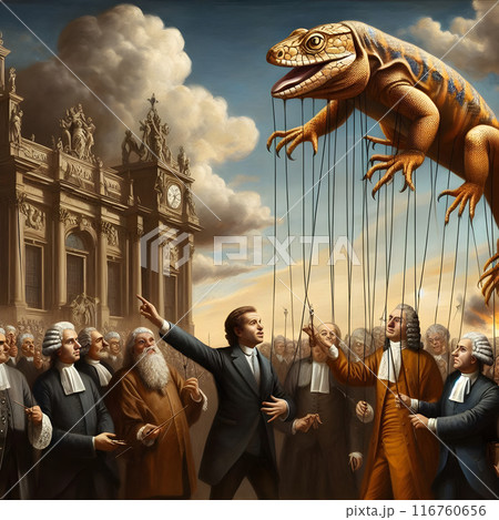 Crowd of politicians manipulating a giant lizard puppet in front of a government building 116760656