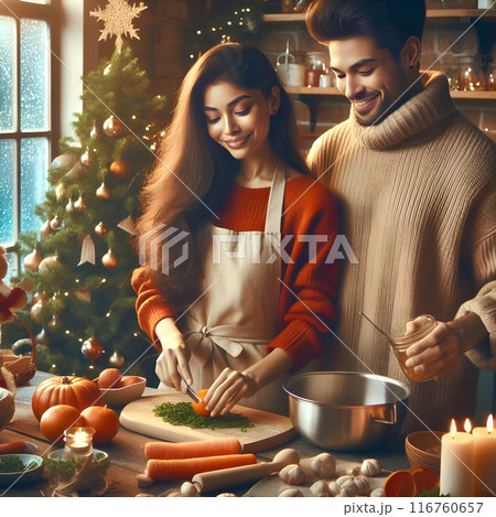 Young couple preparing the christmas dinner, cutting vegetables in a cozy kitchen decorated for holidays 116760657