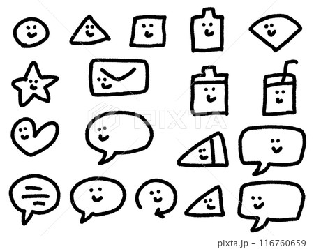 落描き風の吹き出し・電池・メール・記号の可愛いアイコンセット　笑顔 116760659