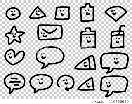 落描き風の吹き出し・電池・メール・記号の可愛いアイコンセット　笑顔 116760659