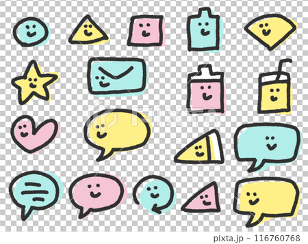Cute icon set of doodle-style speech bubbles, batteries, emails, and symbols - Smile Cute icon set of doodle-style speech bubbles, batteries, emails, and symbols - Smile 116760768