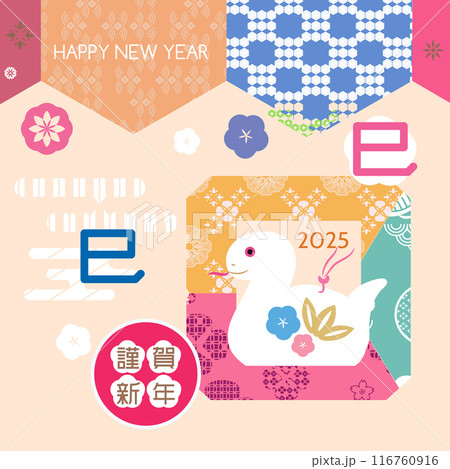 Japanese New Year greeting card template with snakes and lucky charms.  116760916
