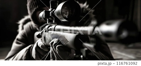 Sniper aiming with rifle and wearing balaclava 116761092
