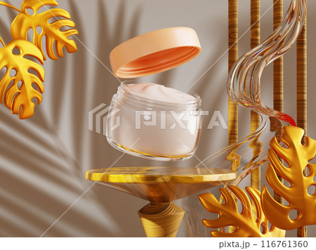 3d cream glass jar on nature wood podium with tropical golden leaves, water wave and palm leaf shadow on beige wall background. Autumn ad banner with cosmetic beauty skincare product. 3D illustration 116761360