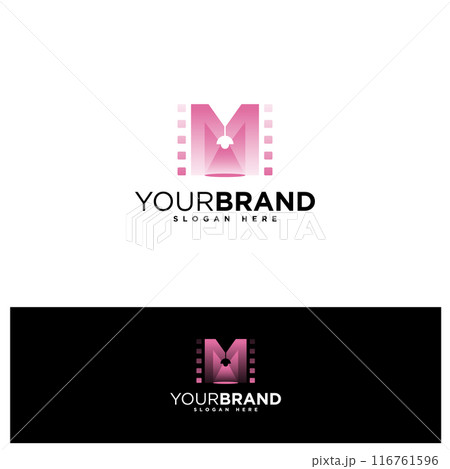 Elegant letter M with strip film and spot light for film production 116761596