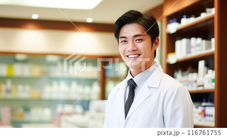 薬局で働く爽やかな笑顔の若い男性薬剤師 116761755