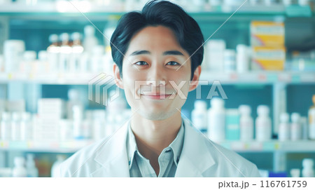 薬局で働く爽やかな笑顔の若い男性薬剤師 116761759