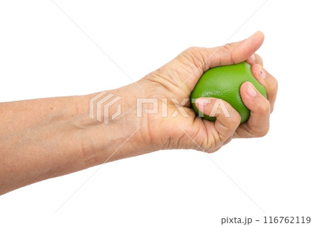 Female hand squeezing stress ball on white background Female hand squeezing stress ball on white background 116762119
