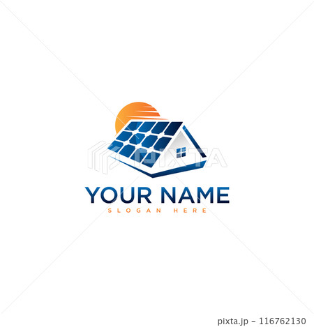 Solar home logo with abstract roof solar pannel 116762130