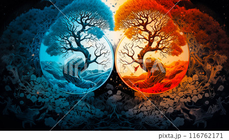 Illustration of Ying yang of balance Yggdrasil tree of life Norse mythology. Balance concept. Generative Ai. 116762171
