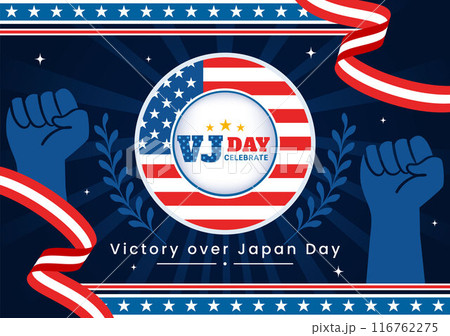 VJ Victory Over Japan Day Celebration Vector Illustration with the United States Flag Background in a National Holiday Flat Cartoon Style Design VJ Victory Over Japan Day Celebration Vector Illustration with the United States Flag Background in a National Holiday Flat Cartoon Style Design 116762275