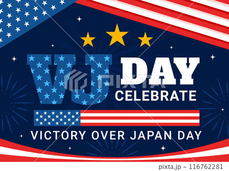 VJ Victory Over Japan Day Celebration Vector Illustration with the United States Flag Background in a National Holiday Flat Cartoon Style Design VJ Victory Over Japan Day Celebration Vector Illustration with the United States Flag Background in a National Holiday Flat Cartoon Style Design 116762281