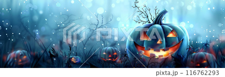 Spooky Happy Halloween Banner with Glowing Jack-o'-Lanterns in Misty Forest. Ideal for Halloween and Autumn Themes 116762293
