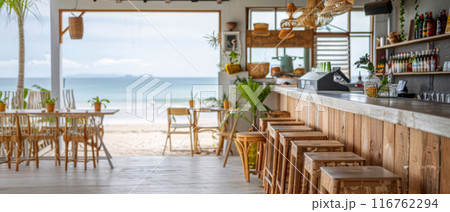 Relaxing Beach Bar with Blurred Summer Background, Perfect for a Tropical Getaway 116762294