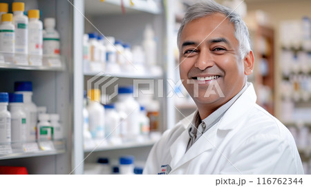 薬局で働くベテランのインド人の男性薬剤師 116762344