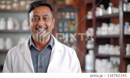 薬局で働くベテランのインド人の男性薬剤師 116762345
