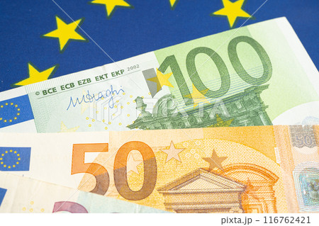 Euro banknote and coin, Europe money, economy finance exchange trade investment. 116762421