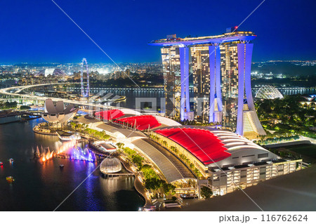 シンガポール絶景　上空から見たマリーナベイの夜景 116762624