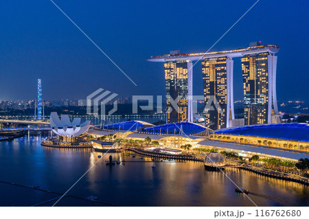 シンガポール絶景　上空から見たマリーナベイの夜景 116762680