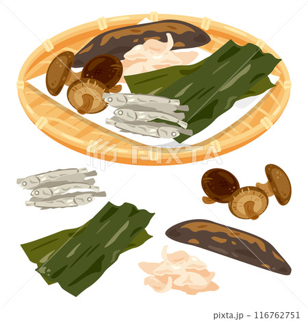 ザルに盛られた出汁の材料 116762751