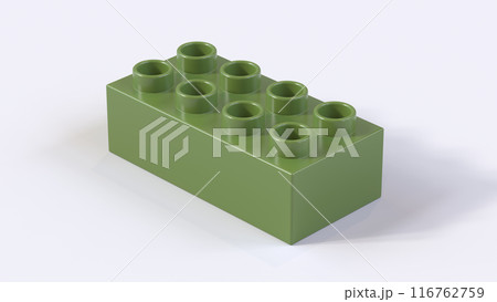 Olive Green Plastic Lego Block on a White Background. Children Toy Brick, Perspective View. Close Up View of a Game Block for Constructors. 3D rendering. 8K Ultra HD, 7680x4320, 300 dpi Olive Green Plastic Lego Block on a White Background. Children Toy Brick, Perspective View. Close Up View of a Game Block for Constructors. 3D rendering. 8K Ultra HD, 7680x4320, 300 dpi 116762759