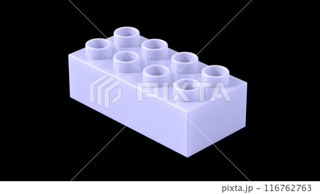 Periwinkle Plastic Lego Block Isolated on a Black Background. Children Toy Brick, Perspective View. Close Up View of a Game Block for Constructors. 3D Rendering. 8K Ultra HD, 7680x4320, 300 dpi 116762763