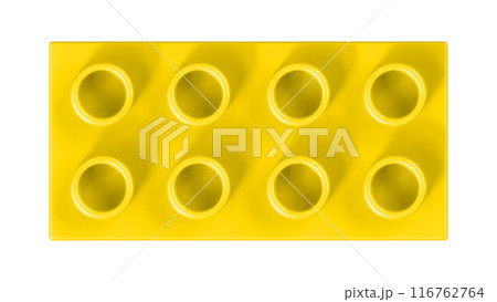 Gold Lego Block Isolated on a White Background. Close Up View of a Plastic Children Game Brick for Constructors, Top View. High Quality 3D Rendering with a Work Path. 8K Ultra HD, 7680x4320, dpi 116762764