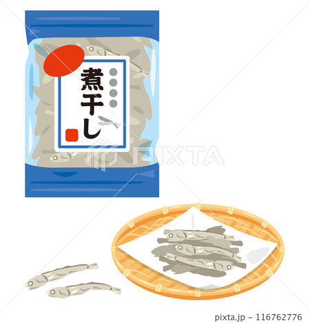 袋入りの煮干しとザルに盛られた煮干し 116762776