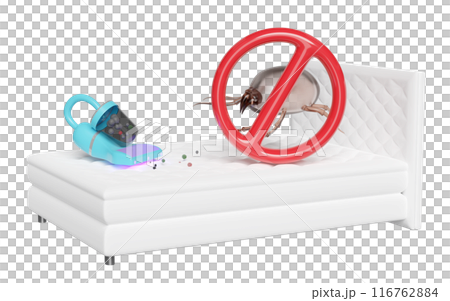 3d vacuum cleaner on bed with dust mites, warning sign isolated. concept of cleaning dust mites, bacteria, germs with ultraviolet light, 3d illustration render 3d vacuum cleaner on bed with dust mites, warning sign isolated. concept of cleaning dust mites, bacteria, germs with ultraviolet light, 3d illustration render 116762884