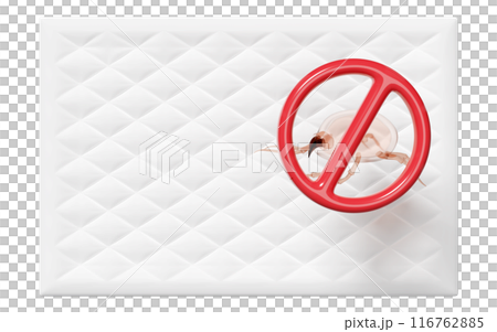 3d bed with dust mites, warning sign isolated. concept of cleaning dust mites, bacteria, germs, 3d illustration render 116762885