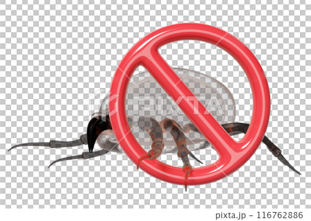 3d dust mites with warning sign isolated. concept of cleaning dust mites, bacteria, germs, 3d illustration render 116762886