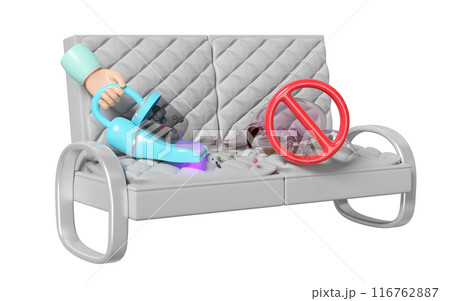 3d hand holding vacuum cleaner on sofa with warning sign isolated. concept of cleaning dust mites, bacteria, germs with ultraviolet light, 3d illustration render 116762887